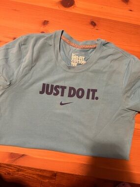 Nike Light Blue Tee with Navy "Just Do It." Logo